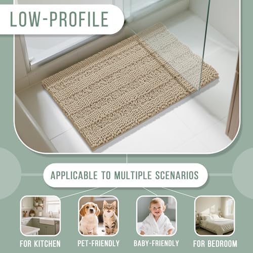 Yimobra Bathroom Rug Mat, Non Slip and Super Absorbent Bath Mat, Machine Washable Quick Dry, Ultra Plush Chenille Shower Rugs for Bathroom Floor Sink Tub and Shower Outside, Camel， 24 x 17