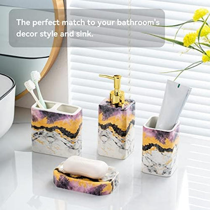 4 Piece Bathroom Accessories Set - Purple Bathroom Accessory Sets Includes Lotion Dispenser, Toothbrush Holder Tumbler, and Soap Dish - Glossy Finish (Marble, Purple)