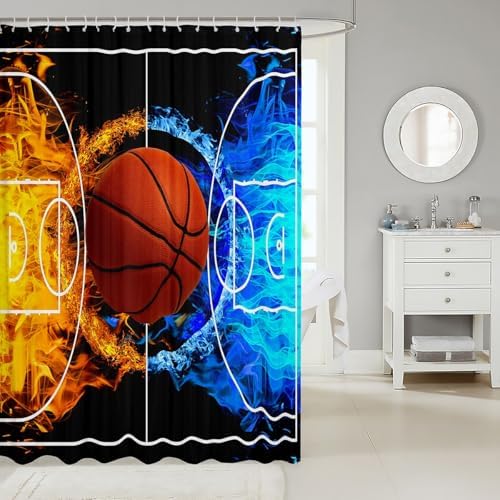 jejeloiu Basketball Bath Curtain Boys Girls 72"x84" Gaming Sports Shower Curtain for Kids Women Men Waterproof Ice Fire Bathroom Shower Curtain Set Gift for Basketball Lover