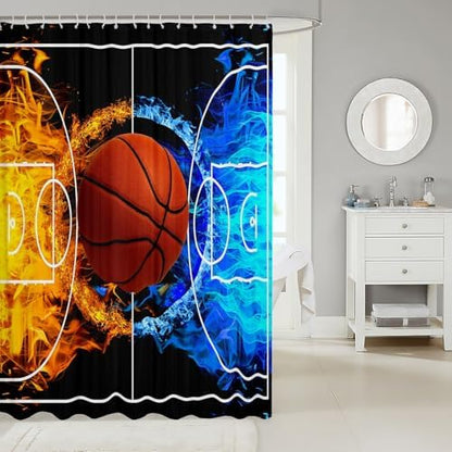 jejeloiu Basketball Bath Curtain Boys Girls 72"x84" Gaming Sports Shower Curtain for Kids Women Men Waterproof Ice Fire Bathroom Shower Curtain Set Gift for Basketball Lover
