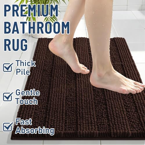 Grandaily Chenille Striped Bathroom Rugs 47x32, Extra Thick and Soft Absorbent Bath Mats, Rubber Backing, Plush Shaggy Shower Carpet, Machine Wash Dry, Bath Rug for Bathroom, Dark Brown