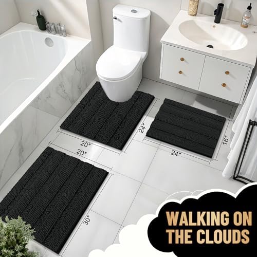 OLANLY Thick Bathroom Runner Rugs 59x20, Chenille Long Bath Rugs, Black