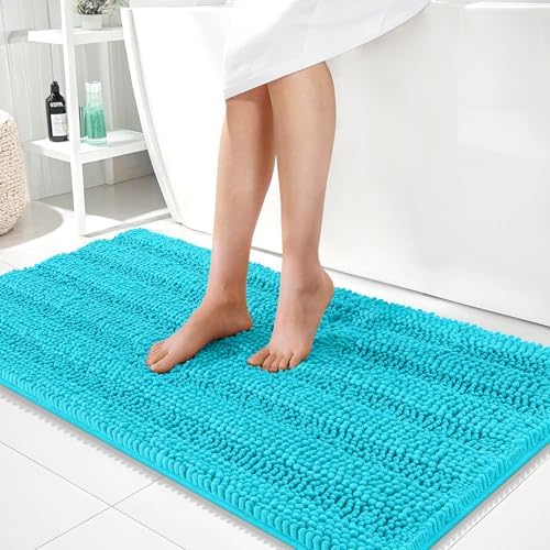 OLANLY Thick Bathroom Runner Rugs 44x24, Soft Chenille Bath Rugs, Aqua Sky
