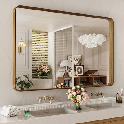 LOAAO 48X30 Inch Bathroom Mirror with Wood Grain Colored Metal Frame