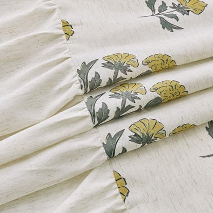ORTIGIA Linen Textured Ruffle Shower Curtain with Metal Hooks, Vintage Yellow Floral Block Print Boho Waterproof Bath Curtain for Rustic Farmhouse Bathroom Decor 72x72 Inch