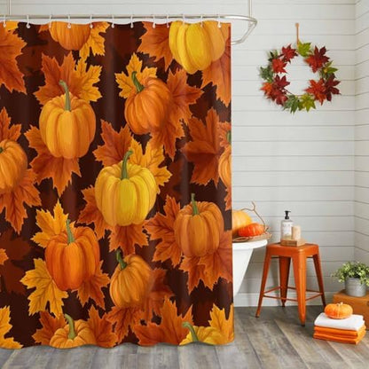 Shower Curtain Bathroom Set Thanksgiving Pumpkin Fall Orange Maple Leaf Waterproof Shower Curtains with Grommets Hooks Autumn Watercolor Leaves Privacy Bath Curtain for Bathtub Decor 72x72in