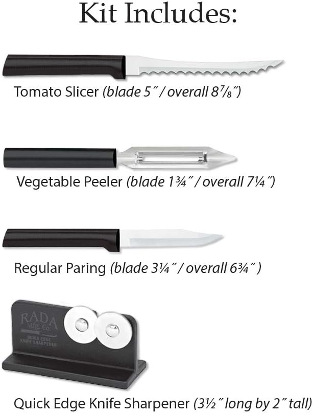 Rada Cutlery Peel, Pare & Slice Gift Set (G218) with Quick Edge Sharpener (R119), 3-piece Knife Set and Knife Sharpener, Stainless Steel Blades, Black Handle