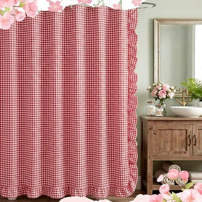 HunnmingRe Ruffled Gingham Shower Curtain Red