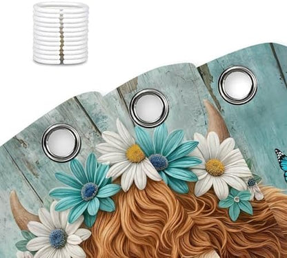 Cute Cow Shower Curtain, Farmhouse Rustic Teal Floral Daisy Highland Cow Shower Curtains for Bathroom, Calf Country Farm Animal Garden Plant Fabric Bathroom Decor with Hooks, 36x72 inch