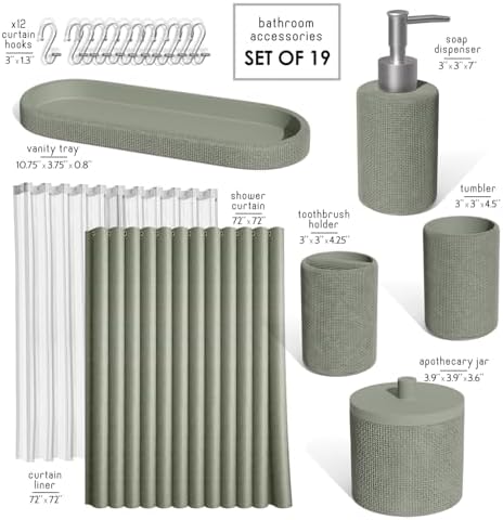 Clara Clark Sage Green Bathroom Set - Bathroom Accessories Set, 19PC Bathroom Accessory Set, Bathroom Sets with Shower Curtain Set, Soap Dispenser & Toothbrush Holder