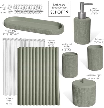 Clara Clark Sage Green Bathroom Set - Bathroom Accessories Set, 19PC Bathroom Accessory Set, Bathroom Sets with Shower Curtain Set, Soap Dispenser & Toothbrush Holder