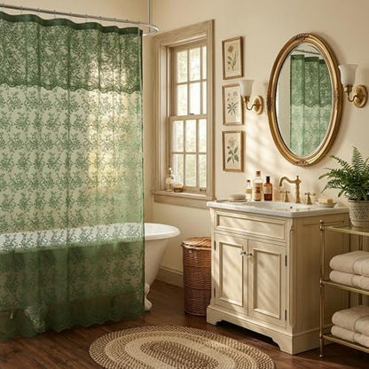Green Lace Shower Curtain 72x84, 84 Inches Long with Attached Valance