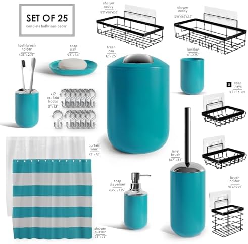 Clara Clark Bathroom Accessories Set - Bathroom Set with Adhesive Corner Shower Caddy Hanging, 25PC Bathroom Accessory Set, Teal Shower Curtain Set, Toilet Brush, Trash Can & Soap Dispenser
