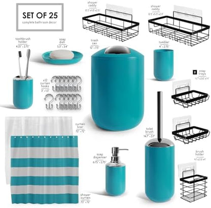Clara Clark Bathroom Accessories Set - Bathroom Set with Adhesive Corner Shower Caddy Hanging, 25PC Bathroom Accessory Set, Teal Shower Curtain Set, Toilet Brush, Trash Can & Soap Dispenser