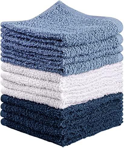 Towel and Linen Mart 100% Cotton - Wash Cloth Set - Flannel Face Cloths, Highly Absorbent and Soft Feel Fingertip Towels (Navy, White & Sky Blue, Pack of 12)