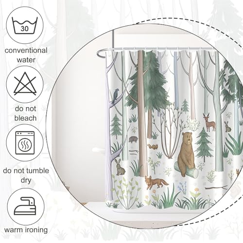 AWERT Cute Shower Curtain with Hooks Green Forest Shower Curtain with Wild Animals Bear Moose Deer Fox Deor Bathroom 60x72 inch