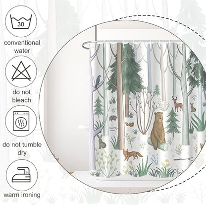 AWERT Cute Shower Curtain with Hooks Green Forest Shower Curtain with Wild Animals Bear Moose Deer Fox Deor Bathroom 60x72 inch
