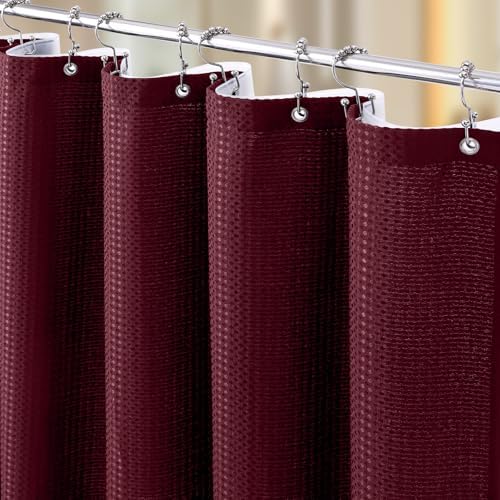 Vipfree 3 in 1 Shower Curtain Set, Waffle Shower Curtain and Liner Set with 12 Double Sided Shower Curtain Hooks, 258GSM Luxury Weighted Cloth Shower Curtains for Bathroom, 72 W x 72 H, Burgundy