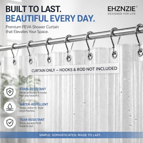 EHZNZIE Crystal Clear Shower Curtain Liner 60x72, PEVA Waterproof Bath Curtain, No Chemical Smell, Weighted Magnets, Durable with 10 Rustproof Metal Grommets
