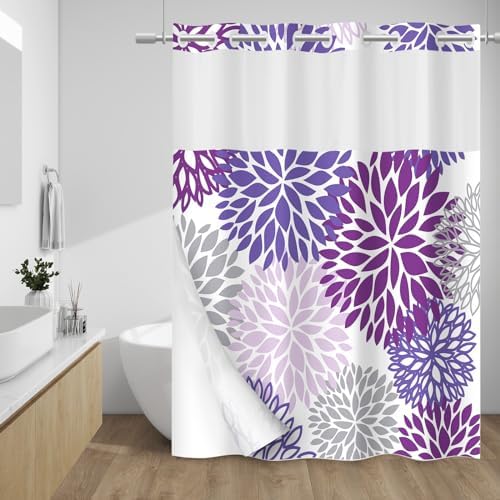 WITHLOC No Hook Floral Shower Curtain with Liner, Purple, 71x74