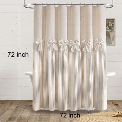 Farmhouse Shower Curtain Linen Bow Pleated Beige Stripe 72"W x 72"L