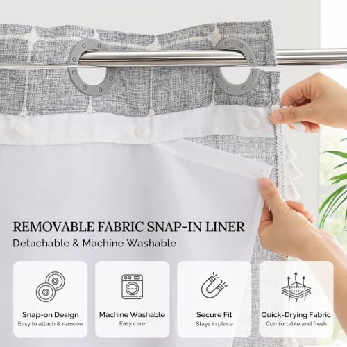 River Dream Farmhouse No Hooks Shower Curtain with Snap-in Liner,Grey,71x86