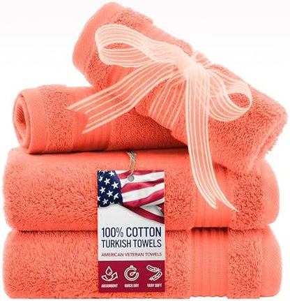 American Veteran Towel, 100% Cotton Turkish Washcloths for Bathroom Essentials 4 Pack, Soft Absorbent Wash Cloths Quick Drying Small Towels Washrags, Coral