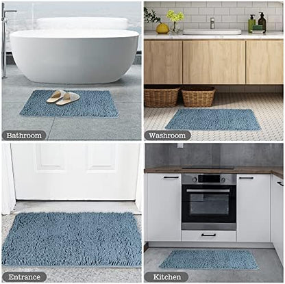 Yeaban Chenille Blue Bathroom Rug 17"x24", Non-Slip Rubber Backing