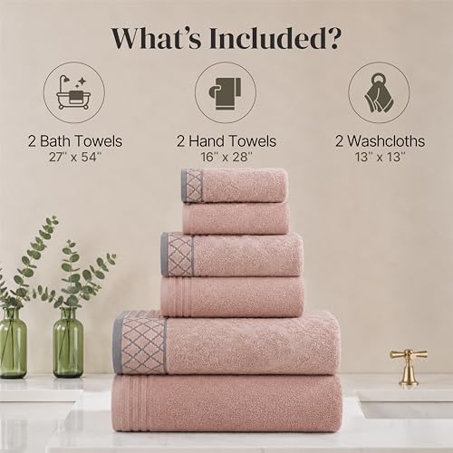 Modern Threads 6 Piece Bath Towel Set – Bathroom Towel Set with 2 Bath Towels, 2 Hand Towels & 2 Washcloths – 100% Cotton, Soft & Absorbent – Diamond Border (Blush)