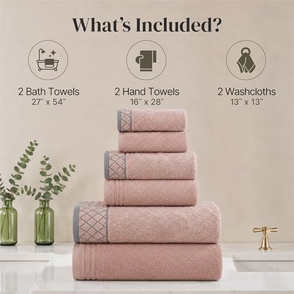 Modern Threads 6 Piece Bath Towel Set – Bathroom Towel Set with 2 Bath Towels, 2 Hand Towels & 2 Washcloths – 100% Cotton, Soft & Absorbent – Diamond Border (Blush)