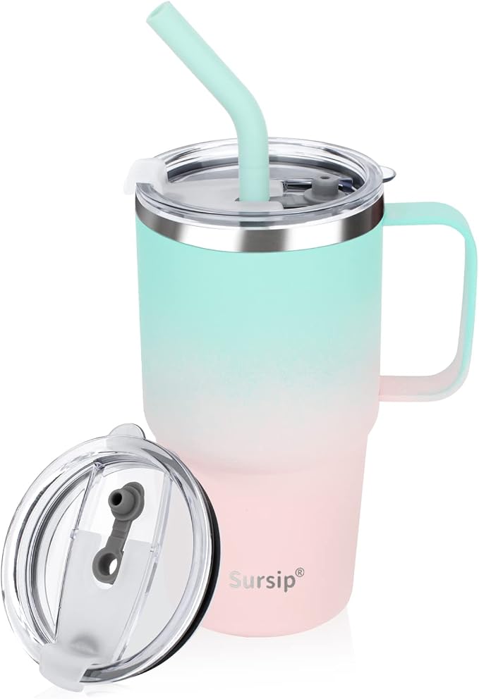 Sursip Insulated Coffee Mug with Handle and Lid, 24 oz Double Wall Vacuum Travel Thermal Coffee Tumbler with Straw for Home, Office Stainless Steel Coffee Cup - Leak proof, BPA Free(Green/Pink-1 Pack)