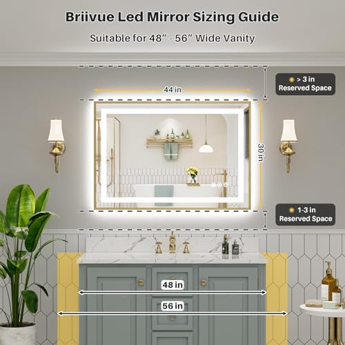 44x30 Inch LED Bathroom Mirror with Gold Frame, Backlit & Front Lit