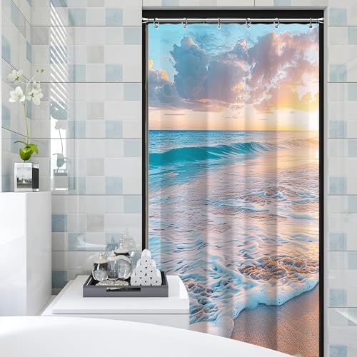 Ocean Beach Coastal Nautical Summer Sunset Small Stall RV Half Size Shower Curtain for Bathroom 39W*72H Inch Seaside Seacoast Beachy Waves Bathtub Decor Seascape Neutral Waterproof Polyester Fabric