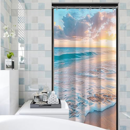 Ocean Beach Coastal Nautical Summer Sunset Small Stall RV Half Size Shower Curtain for Bathroom 39W*72H Inch Seaside Seacoast Beachy Waves Bathtub Decor Seascape Neutral Waterproof Polyester Fabric
