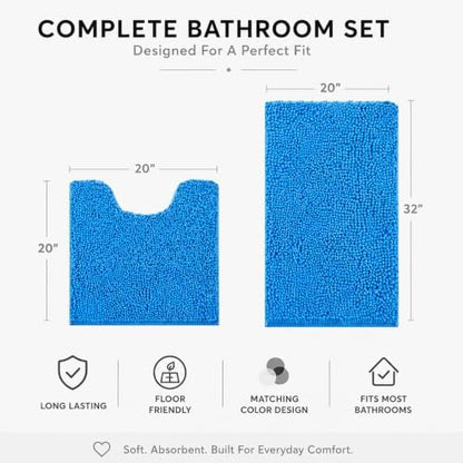 Bathroom Rugs Sets 2 Piece,Super Absorbent Soft,Thick,Machine Washable Chenille Bath Mat,Non Slip Toilet Floor Rug,Bath Mats for Bathroom,20x32 Plus 20x20 U Shape,Calm Blue