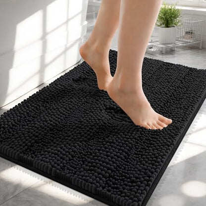 OLANLY Thick Small Bathroom Rugs 24x16, Soft Chenille Bath Rugs, Black