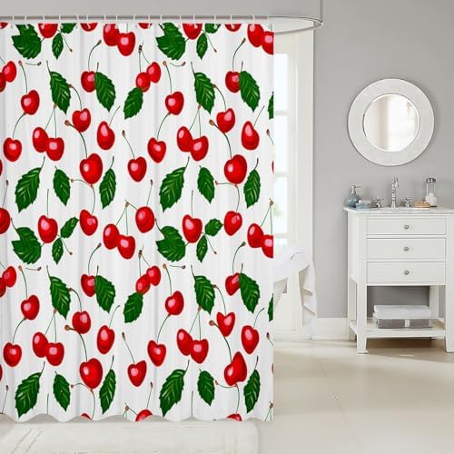 Feelyou Fruit Bathroom Waterproof Accessories with Hooks Cherry Pattern Design Fabric Shower Curtains for Kids Boys Girls Green Garden Shower Curtain Red White,72x84 Inches
