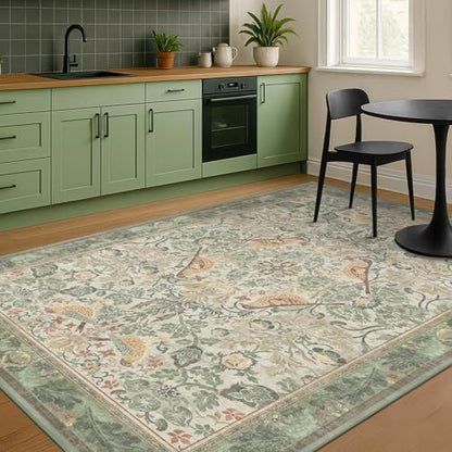 Hazo Haus Washable Living Room Rug 7x9 - Sage Floral Nature Rugs for Bedroom, Dining Room Kitchen Table Rug for Under Table, Office, Stain Resistant Non-Slip Large - Sage Green/Beige