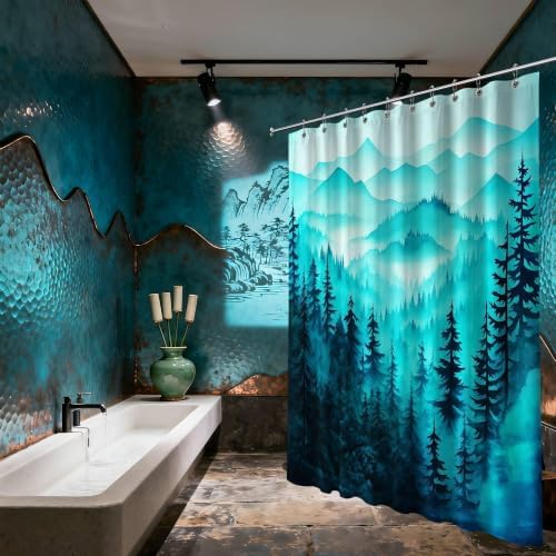 Dark Teal Forest Extra Long Shower Curtain, Tall 72X96 in, Mountain