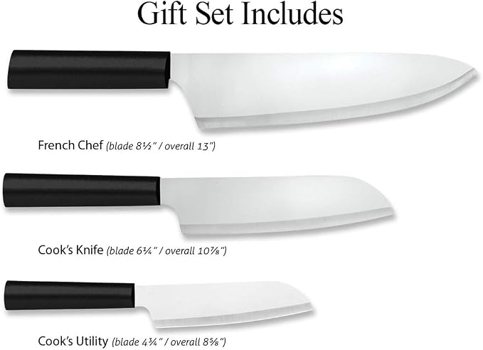 Rada Cutlery Chef Select Gift Set (G257), 3-Piece Knife Set with Quick Edge Sharpener (R119), Stainless Steel Blades, Black Handle