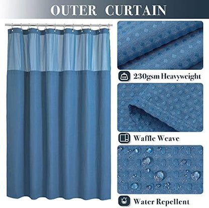N&Y HOME Waffle Weave Shower Curtain with Snap Liner 71x72 Moonlight Blue