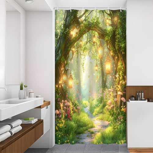 Fantasy Forest Path Shower Curtain Fairy Magical Enchanted Misty Jungle Mushroom Floral Tree Butterfly Lantern Spring Wonderland Bath Curtain Fabric Bathroom Accessories Decor with Hooks 35W x70L