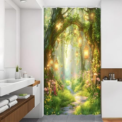 Fantasy Forest Path Shower Curtain Fairy Magical Enchanted Misty Jungle Mushroom Floral Tree Butterfly Lantern Spring Wonderland Bath Curtain Fabric Bathroom Accessories Decor with Hooks 47W x70L