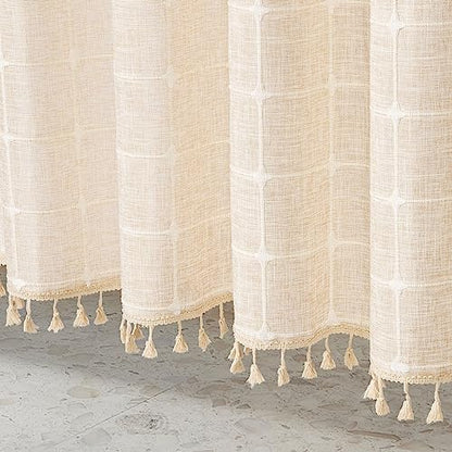 Boho Farmhouse Classic Plaid Linen Tassel Shower Curtain Cream,36x72
