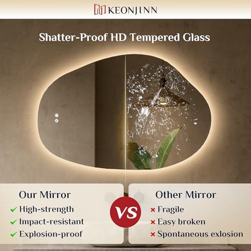 Keonjinn 24 x 36 Inch Irregular Bathroom Mirror with Lights, Tempered Glass