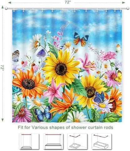 Shower Curtain Sunflowers Waterproof for Bathroom with Hooks 72x72