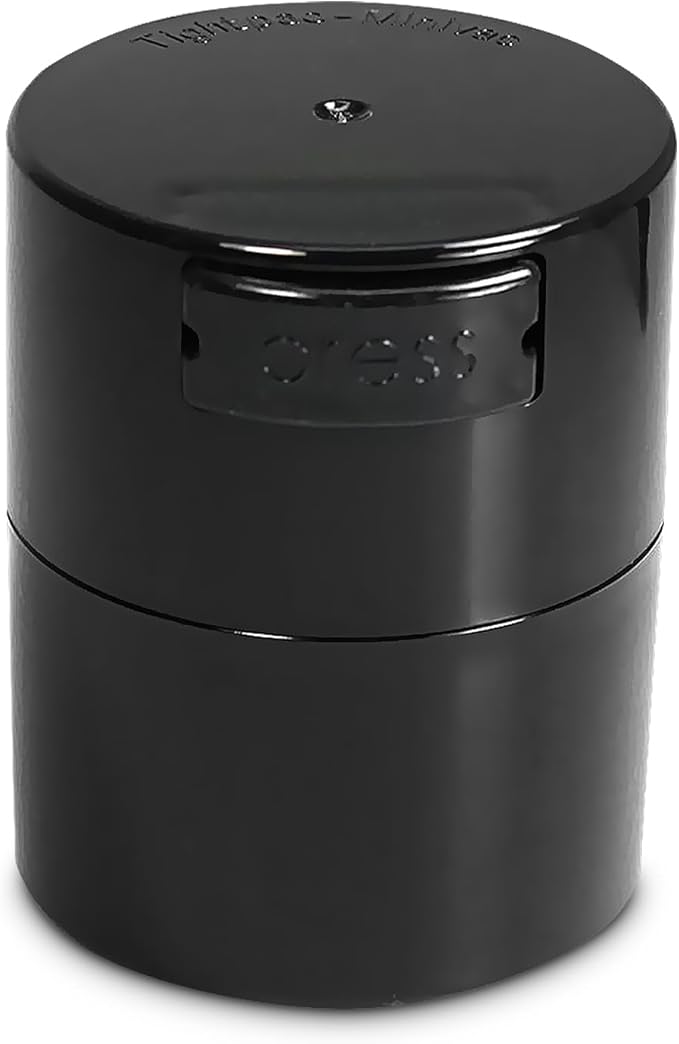 TIGHTPAC MINIVAC Portable Vacuum Seal Airtight Container – Keeps Coffee Beans, Grounds, Tea, Spices & Herbs Fresh Longer – Travel-Ready, NSF-Certified Food-Grade Storage, 10 to 30 Grams, Black Pearl