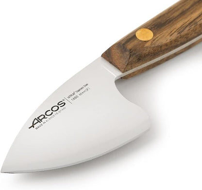 Arcos Cheese Knife set 3 pieces. Nitrum Stainless Steel. Very useful set for irregular pieces of hard cheeses, soft cheeses and creamy cheeses. Handle 100% Ovengkol wood Series Nordika. Color Brown.