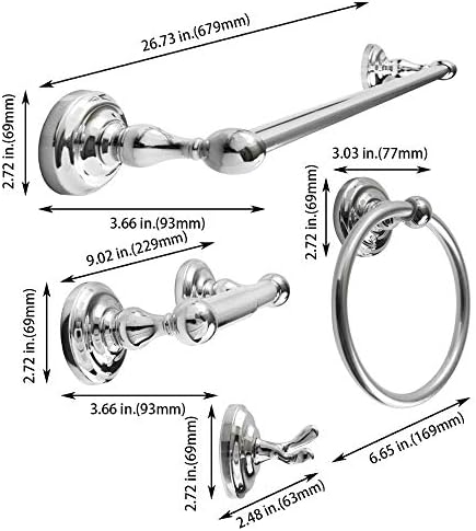SENTO ROBIKI Modern Silver Bathroom Hardware Accessories Set, Includes Robe Hook, Toilet Paper Holder, Towel Ring, 24" Towel Bar, Duty Metal Bath Hardware Set Wall Mounted(4-Piece, Polished Chrome)