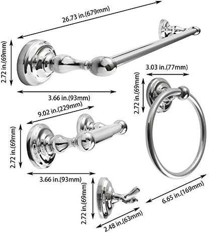 SENTO ROBIKI Modern Silver Bathroom Hardware Accessories Set, Includes Robe Hook, Toilet Paper Holder, Towel Ring, 24" Towel Bar, Duty Metal Bath Hardware Set Wall Mounted(4-Piece, Polished Chrome)